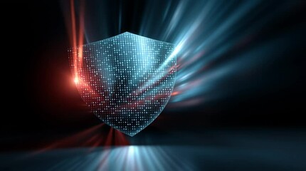Digital shield protecting binary data streams in a dark cyberspace environment, glowing blue and red lights