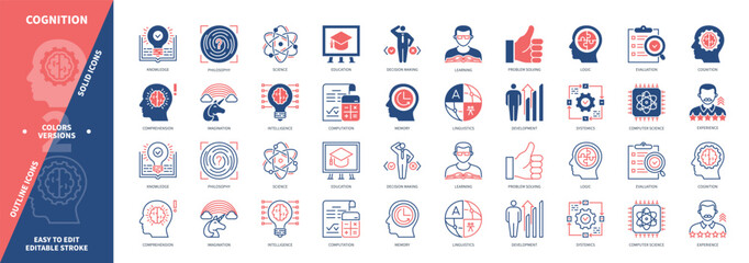 cognition icon set. learning, imagination, experience, knowledge, philosophy, development, memory, p