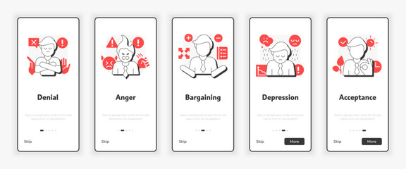 Wall Mural - five stages of grief mobile onboarding screen. changes management. psychotherapy ux ui illustration.