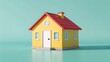 © PhotoHub - A simple stylized cartoon house with a yellow body red roof and white door stands against a bright teal background