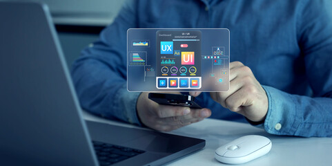 Wall Mural - holographic ui-ux, display icons of ux-ui designer, creative planning, data visualization. web desig