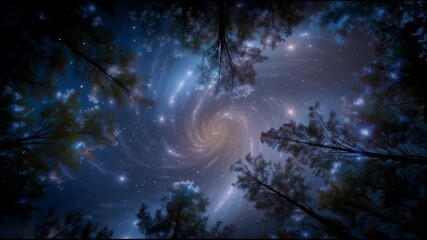 Wall Mural - Mysterious blue galaxy is swirling in the night sky, seen through the branches of translucent trees, creating a magical and surreal atmosphere