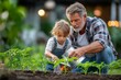 © Serjio - Un abuelo riega plantas junto a su nieta en un huerto al atardecer. Ambos están concentrados y disfrutan del trabajo compartido.