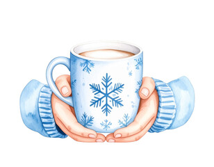 Wall Mural - Winter magic, warm hands embrace a cozy cup adorned with delicate snowflakes