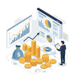 © Fick - Isometric illustration showing a person analyzing financial data, charts, and money, indicating growth and investment.