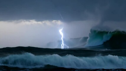 Wall Mural - A dramatic dark storm rolls over the ocean with sunlit clouds and a distant rainbow