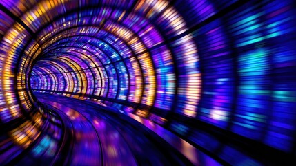Wall Mural - Vibrant illuminated tunnel with colorful lights creating a dynamic motion effect
