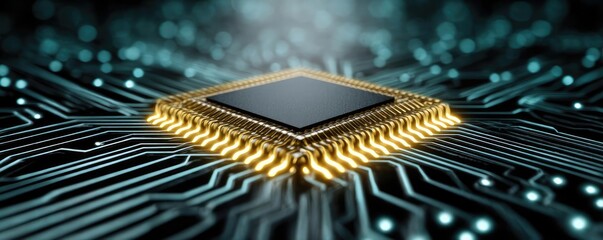Next processor with fast logic and tiny concept. Close-up of a computer chip on a circuit board with glowing elements.
