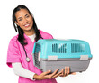 © Asier - Young Filipina veterinarian holding a pet carrier, professional