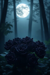 Wall Mural - Cluster of black roses under moonlit forest canopy, shimmering particles drifting through fog, mysterious and vibrant tones, surrounded by subtle details 