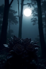 Wall Mural - Cluster of black roses under moonlit forest canopy, shimmering particles drifting through fog, mysterious and vibrant tones, surrounded by subtle details 