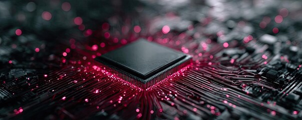 Hybrid processor in plasma development concept. Close-up view of a computer chip with illuminated circuits.