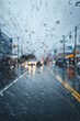 © 3DLeonardo - Rainy city street scene viewed through a rain-covered window. Perfect for websites, blogs, and advertising. Ideal for illustrating weather, travel, or urban themes.