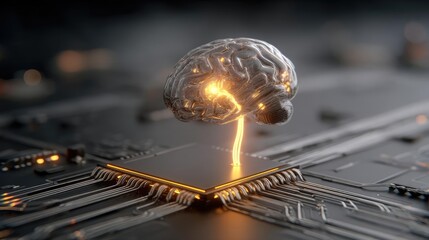 Cortex processor supports neuron activation process concept. A futuristic depiction of a brain connected to a circuit board.