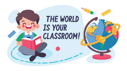 Illustration of a smiling boy reading a book with a globe pencil and the world is your classroom text