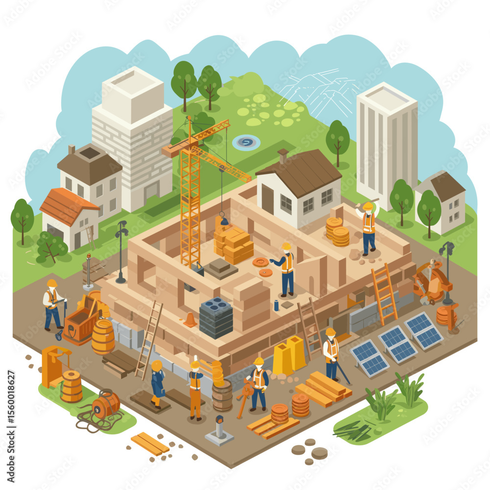 This vector image shows a construction site where a new building is ...