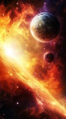 Wall Mural - Fiery space landscape with planets and nebula
