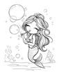 © PNGs Bank - A mermaid holding a bubble wand blowing giant bubbles underwater, cute line art only, under golden hour light in open waters