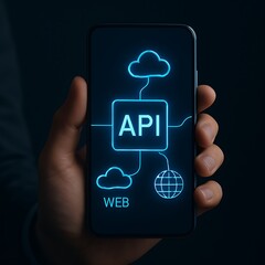A hand holding a smartphone with a glowing API and web cloud network concept on the screen