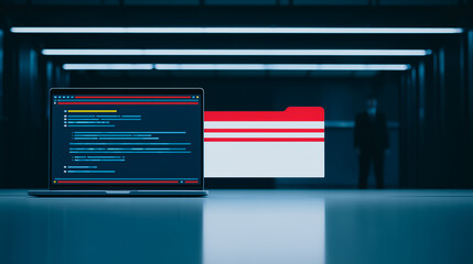 Wall Mural - cybersecurity expert at work: a laptop displaying lines of code sits on a reflective surface in a mo