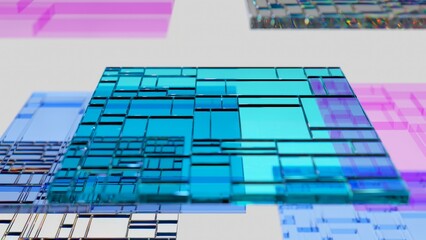 Wall Mural - Translucent glass panels rotating slowly, creating geometric light interplay against pristine white backdrop with subtle color reflections