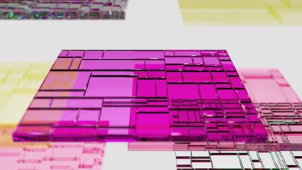 Wall Mural - pink glass plates with grid pattern and yellow glass plates are rotating slowly on a white backgroun