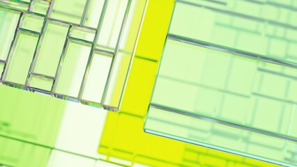Wall Mural - green glass panels rotating slowly against vivid green and yellow background, creating abstract mode