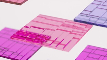 Wall Mural - transparent pink and purple glass plates with a grid pattern are rotating on a white background, cre