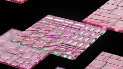Wall Mural - Pink iridescent tiles are rotating on a black background, creating a mesmerizing visual effect with their shifting colors and geometric patterns