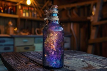 Wall Mural - glass bottle containing a swirling galaxy sits on a wooden table in a rustic workshop, evoking a sen