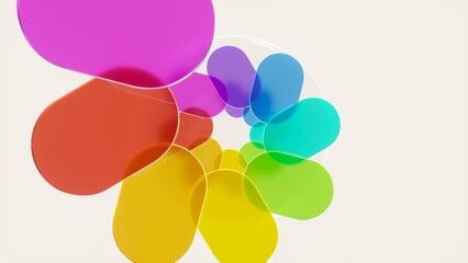 Wall Mural - transparent rainbow-colored rounded shapes rotating, forming spiral pattern against white background