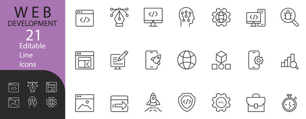 Modern editable thin‑line icon set of 21 web development & SEO symbols – including code, browser, globe, rocket, gear & magnifier – perfect for apps, sites & dashboards.