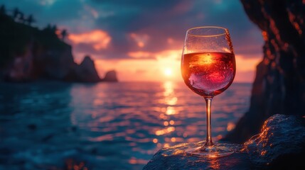 Wall Mural - Wine glass filled with pink drink stands on a rock during sunset. Perfect for travel blogs or vacation-themed social media campaigns.