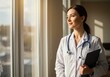 © NoelMatic - Thoughtful female doctor in white coat with stethoscope looking out a hospital window. Portrait of a hopeful and caring healthcare professional or general practitioner in a clinic.