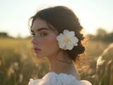 A young woman wearing a gardenia flower tucked behind her ear, dressed in a flowing white gown, standing in a sunlit meadow, soft-focus, ethereal portrait