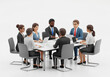 © Myowin - 3d icon of team discussion around table, business team collaboration, modern isometric style, clay 3d render, white background.