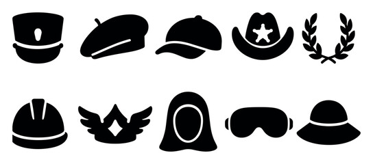 Wall Mural - headwear silhouette icon set. hats, helmets, and caps in silhouette style