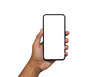 © vizual - An adult hand with medium skin tone holds a sleek, modern black smartphone vertically, blank white screen, notch, ultra-thin bezels, on a transparent isolated background with copy space. Concept for