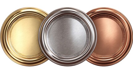 Award golden, silver and bronze blank medals 3d vector realistic illustration. First, second and third place medals or buttons isolated on white background. Quality blank, empty .