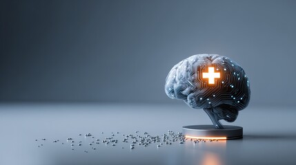 Futuristic AI Brain with Luminous Circuits and Medical Icons on a Pristine Blue Background, Embodying Minimalist Healthcare Technology with Sharp Digital Accents, Centralized Layout