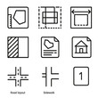 © SanyBRZ - Site Planning Icons. Outline style icons of Site Planning with Surveying: plot map icon, planned building grid, setback line,