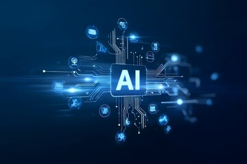Wall Mural - a hand holding an ai icon with the text ai and tech symbols in blue on a dark background, symbolizin