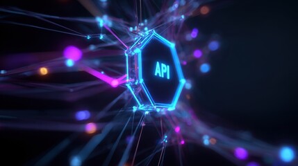 Futuristic digital network interface with glowing API hexagon, abstract concept of data connection and technology.