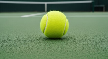 A close-up of a single yellow tennis ball on the textured surface of a green hard court, with the net blurred in the background.