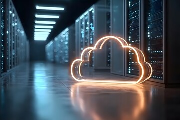 Wall Mural - 3d rendering of a glowing cloud icon on a data center with virtual clouds in the background, close-u