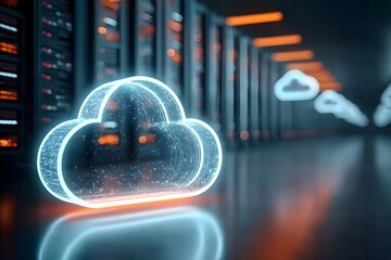 Wall Mural - 3d rendering of a glowing cloud icon on a data center with virtual clouds in the background, close-u