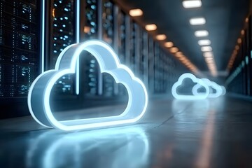 Wall Mural - 3d rendering of a glowing cloud icon on a data center with virtual clouds in the background, close-u