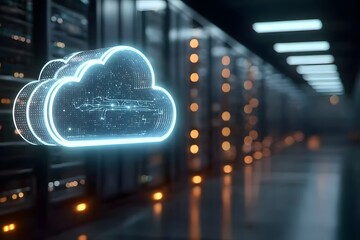 Wall Mural - 3d rendering of a glowing cloud icon on a data center with virtual clouds in the background, close-u