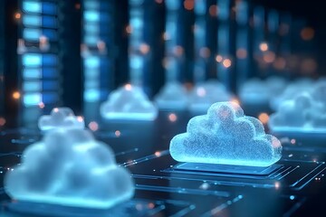Wall Mural - 3d rendering of a glowing cloud icon on a data center with virtual clouds in the background, close-u