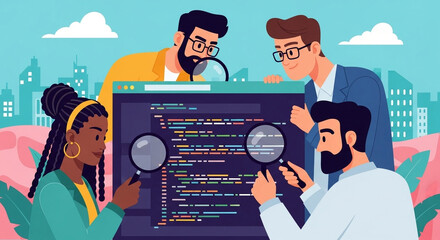 a team of developers collaborating on code review and debugging, using magnifying glasses to analyze the code on a monitor in a modern office setting. They are focused on finding a solution.

